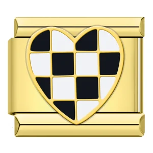 Charm Black checkered heart gold van Italian Bracelet