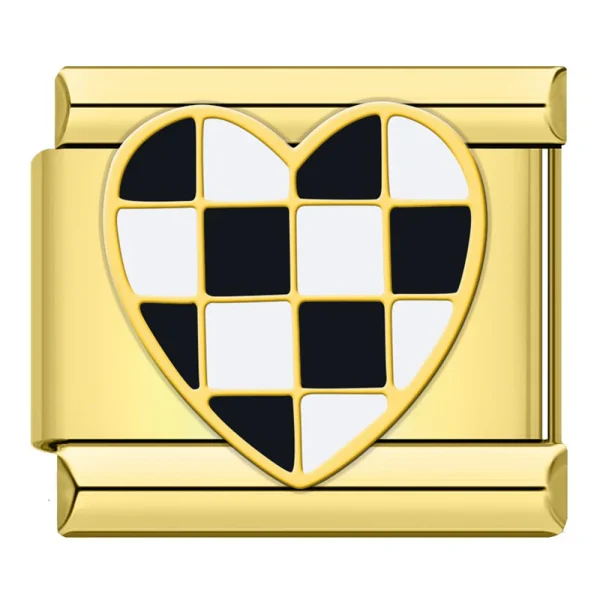 Charm Black checkered heart gold van Italian Bracelet
